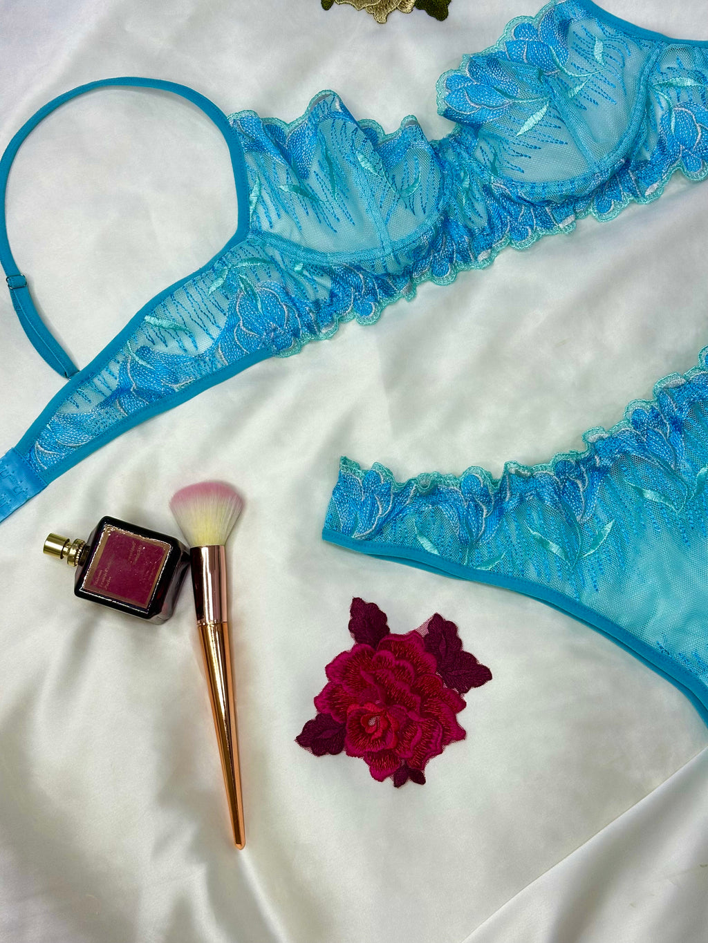 Floral Embroidered Lingerie Set - Powder Blue