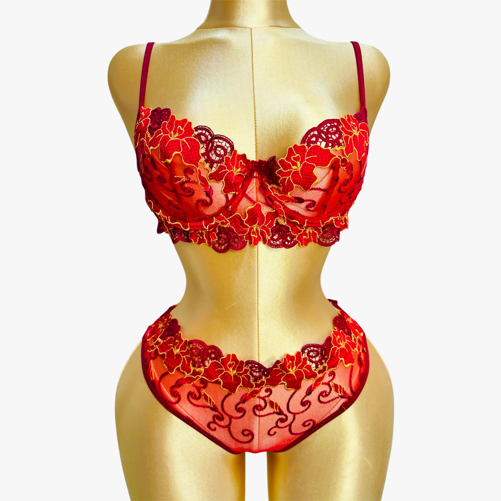 Floral Embroidered Lingerie Set - Red