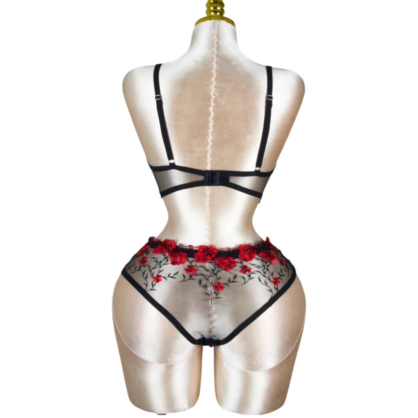 Floral Embroidered Lingerie Set - Black in Red