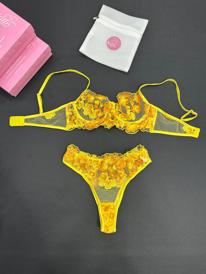 Floral Embroidered Mesh Lingerie Set