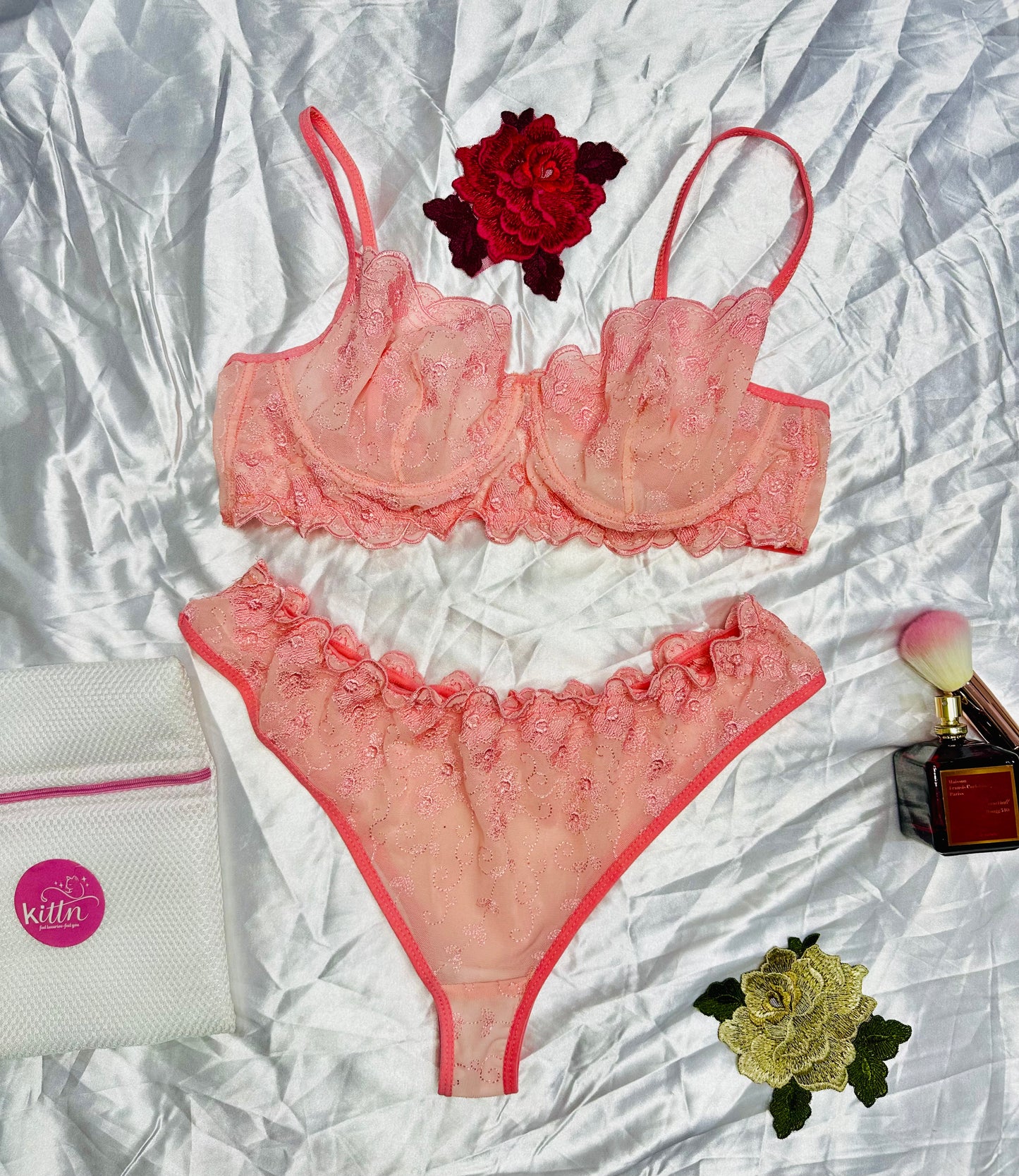 Floral Embroidered Lingerie Set - Rose