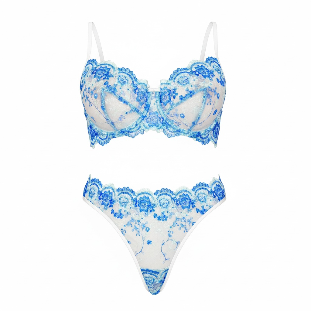 Embroidered mesh Lingerie set baby Blue