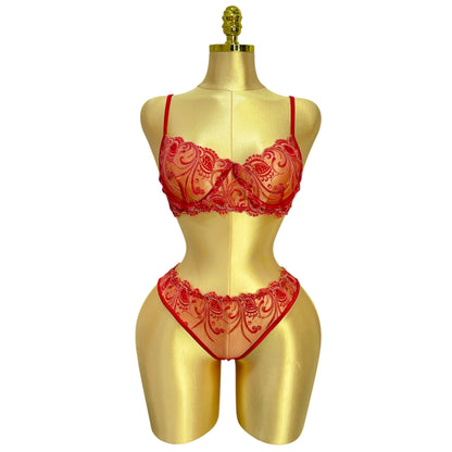 Embroidered Mesh Lingerie set Red