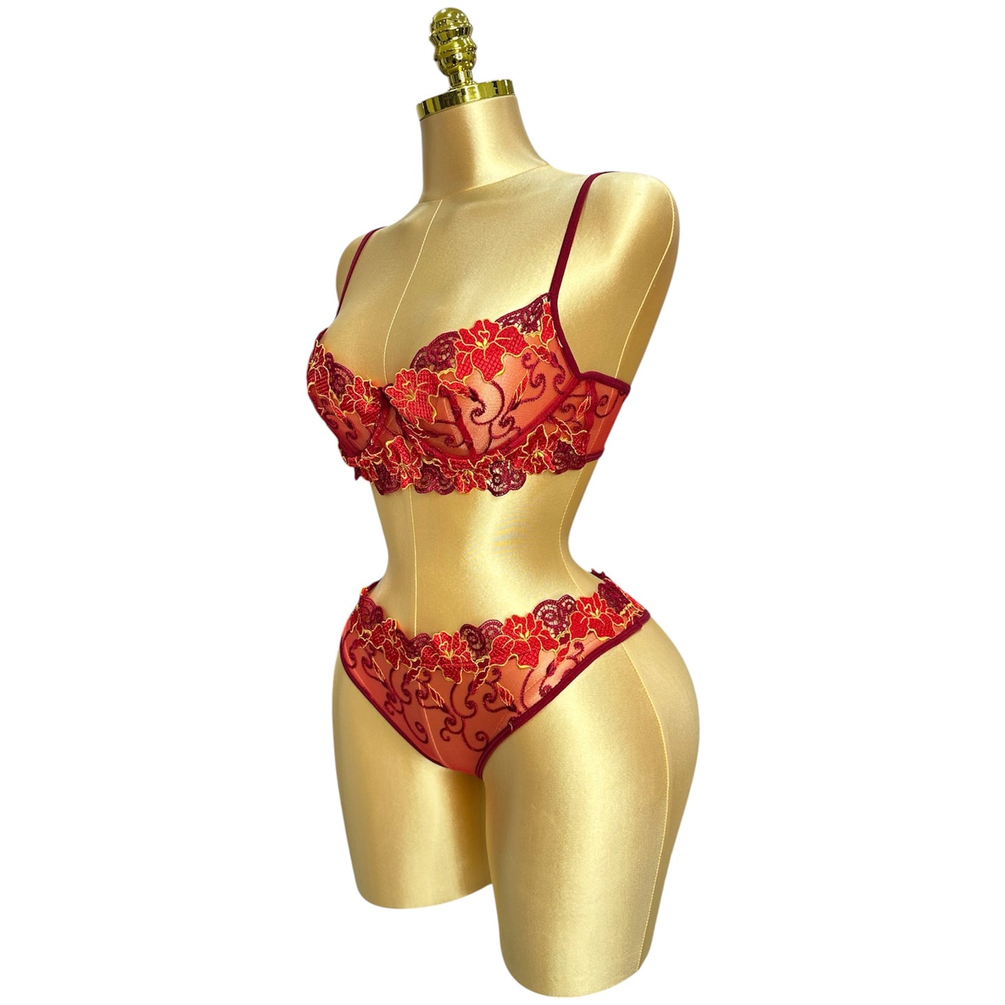 Floral Embroidered Lingerie Set - Red