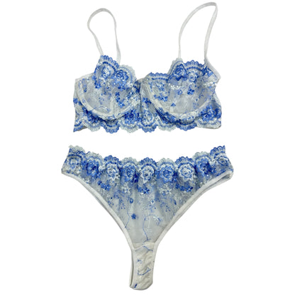 Embroidered mesh Lingerie set baby Blue
