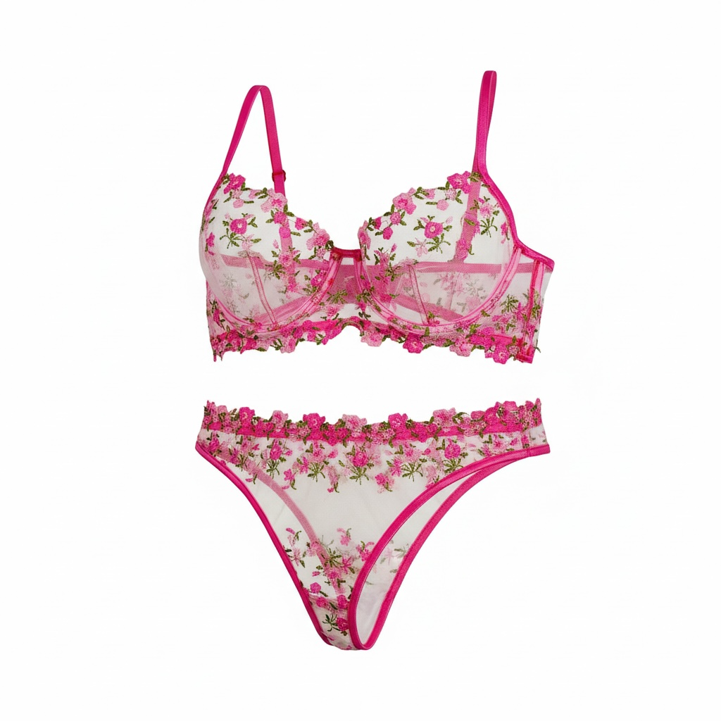 Floral Embroidered mesh Lingerie set pink