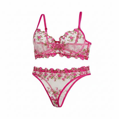 Floral Embroidered mesh Lingerie set pink