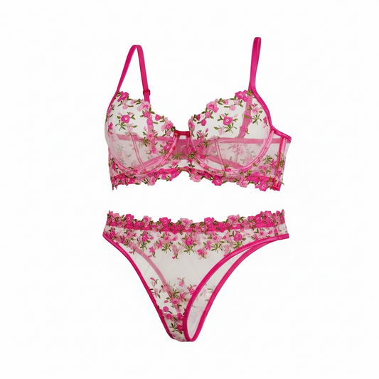 Floral Embroidered mesh Lingerie set pink