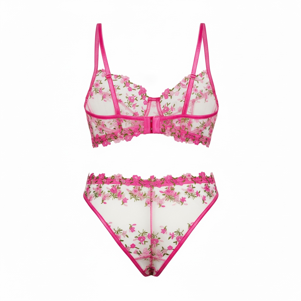 Floral Embroidered mesh Lingerie set pink