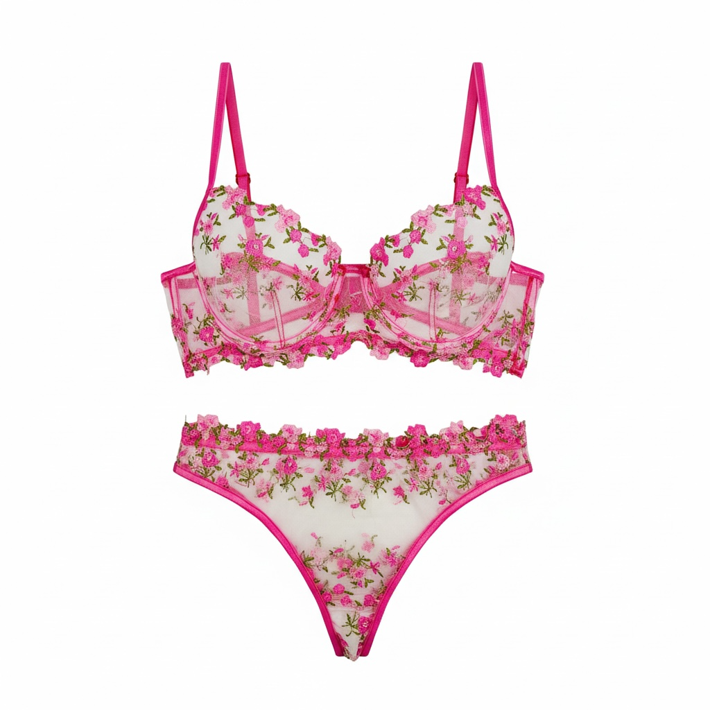 Floral Embroidered mesh Lingerie set pink