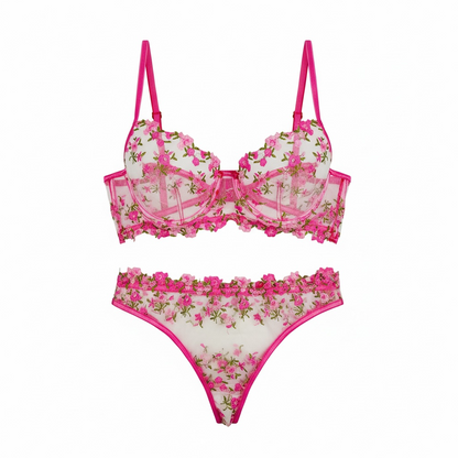 Floral Embroidered mesh Lingerie set pink