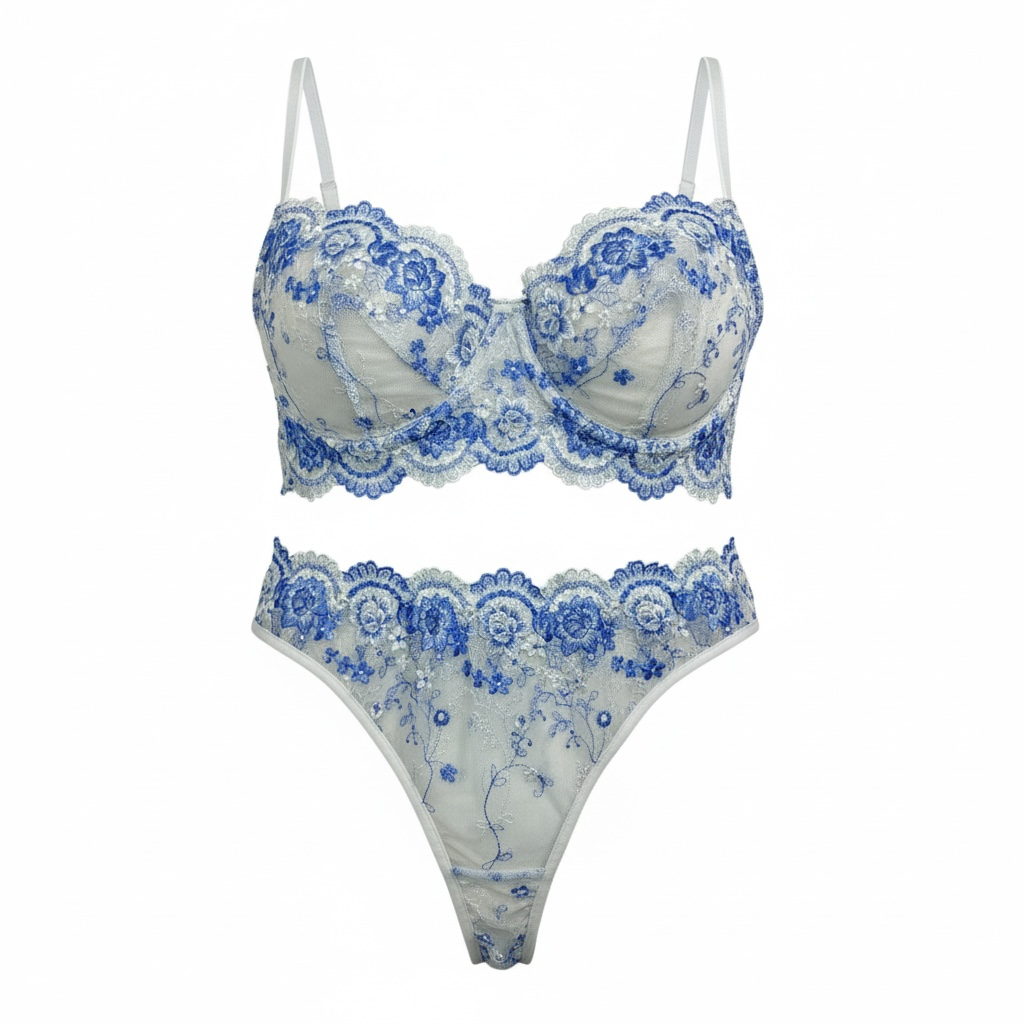 Embroidered mesh Lingerie set baby Blue