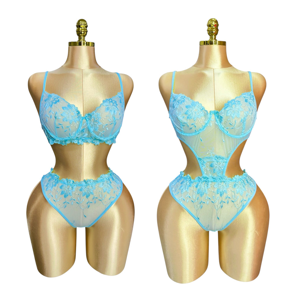 3-Piece Floral Lingerie Set Turquoise