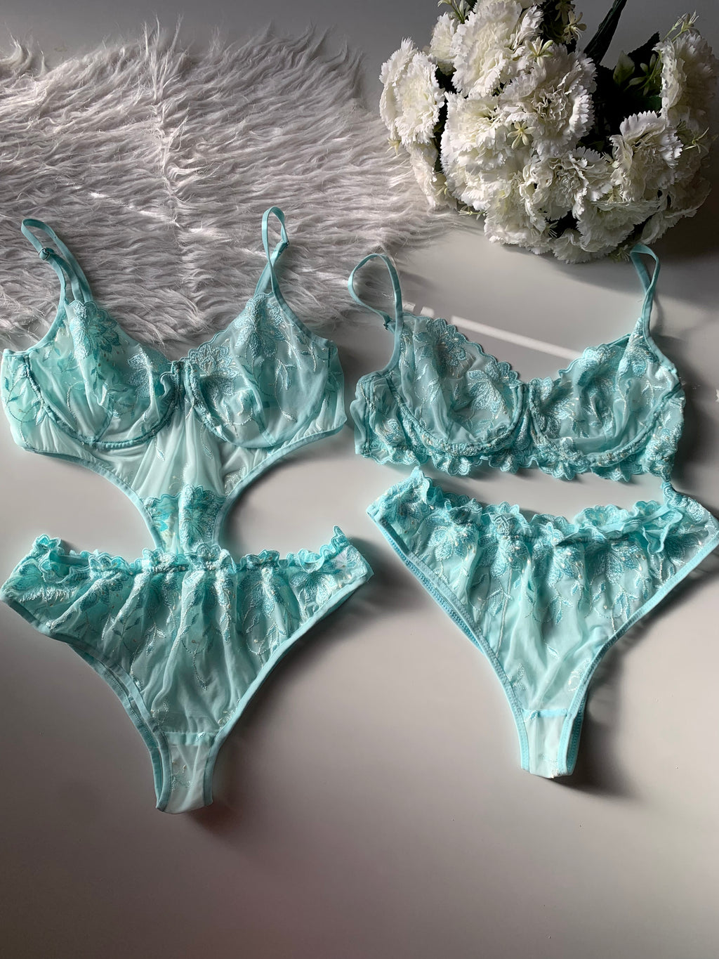 3-Piece Floral Lingerie Set Turquoise