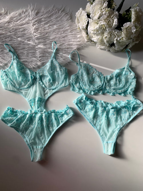 3-Piece Floral Lingerie Set Turquoise