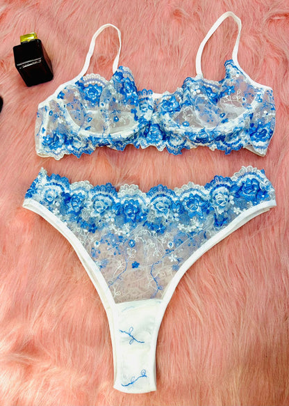 Embroidered mesh Lingerie set baby Blue