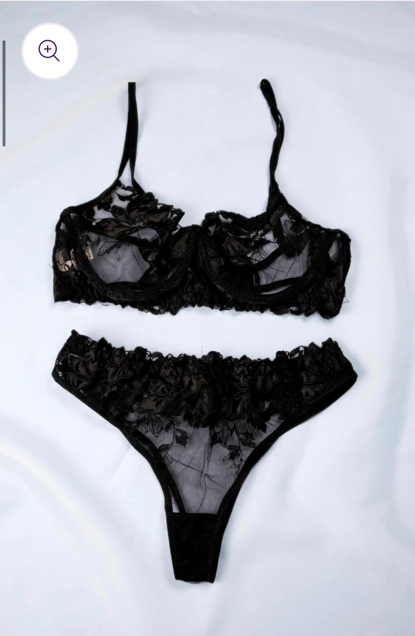 Floral Embroidered Mesh Lingerie Set Black