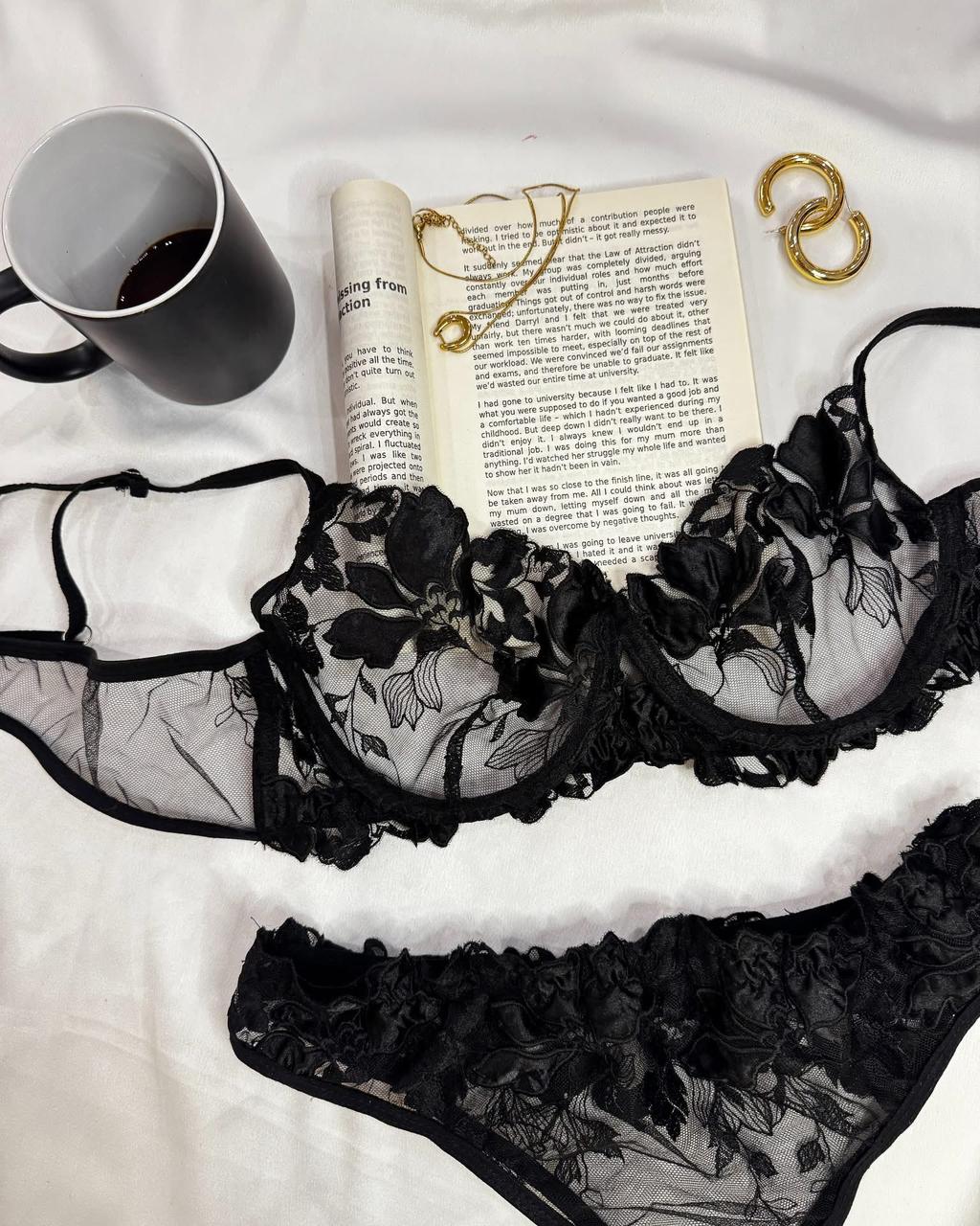 Floral Embroidered Mesh Lingerie Set Black