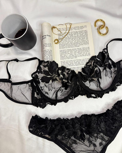 Floral Embroidered Mesh Lingerie Set Black