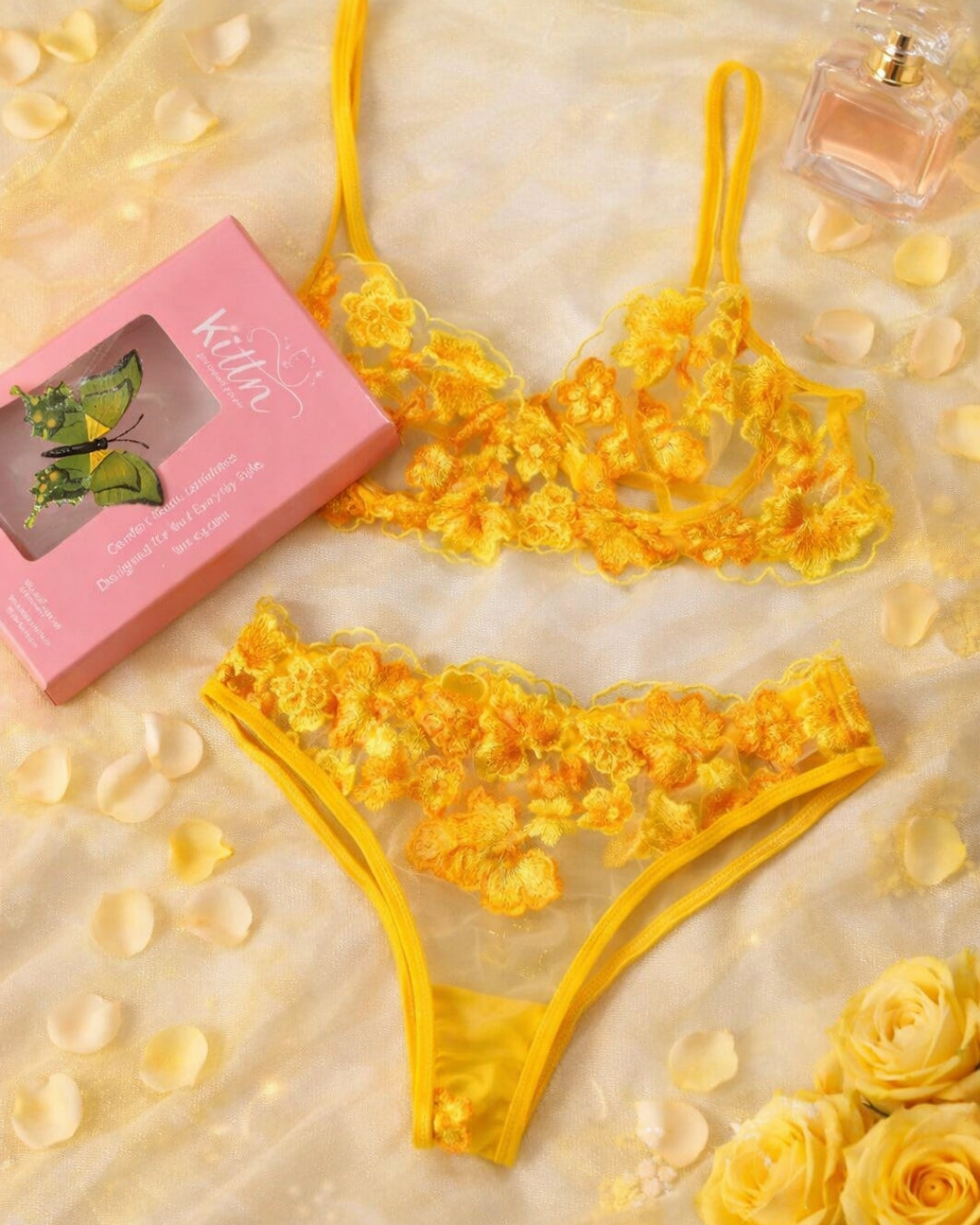 Floral Embroidered Mesh Lingerie Set