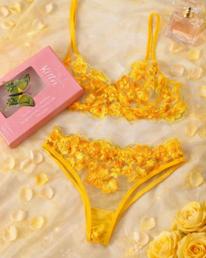 Floral Embroidered Mesh Lingerie Set