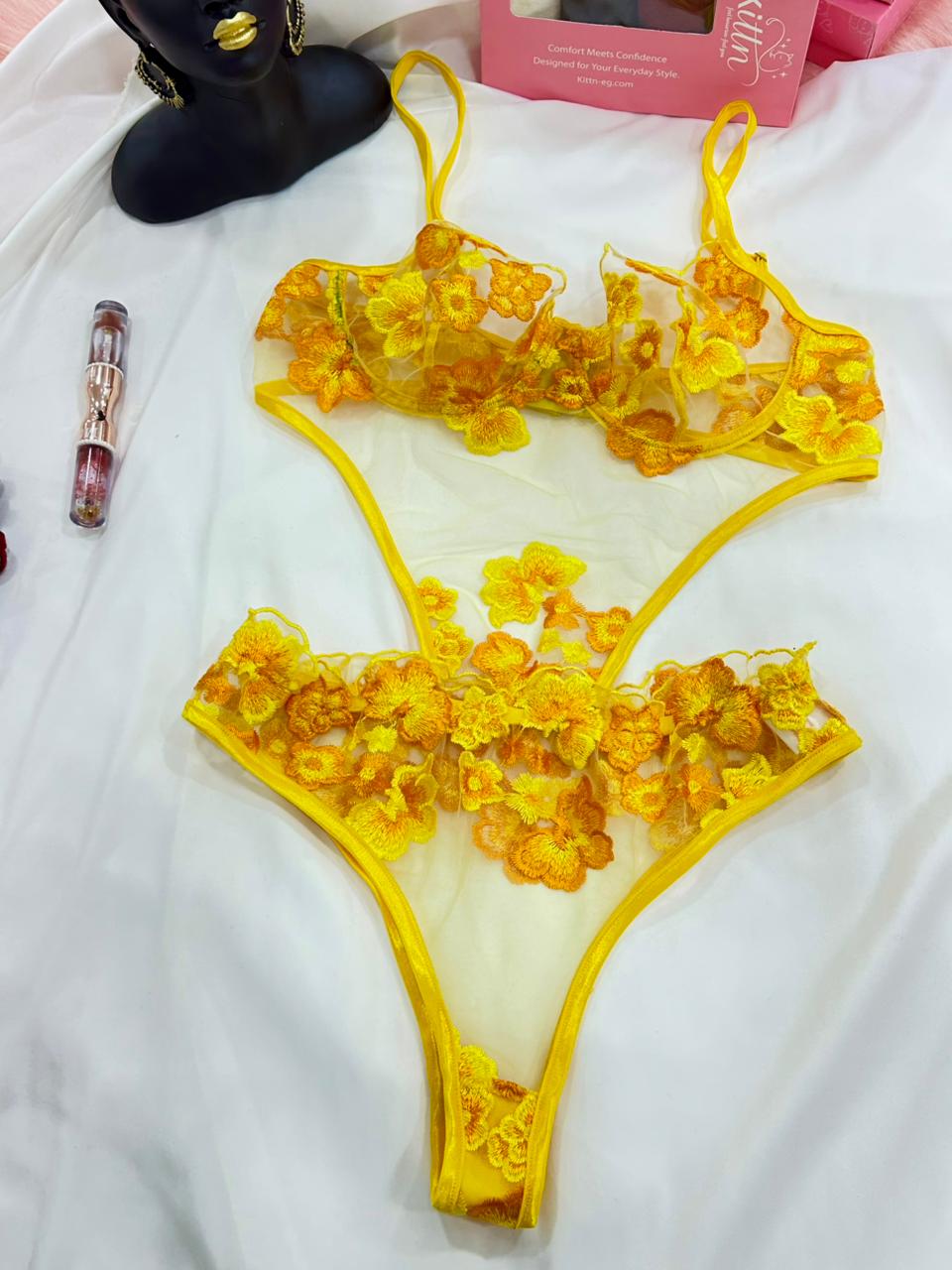 3-Piece Floral Lingerie Set Yellow