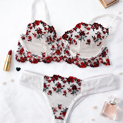 Embroidered mesh Lingerie set red and white