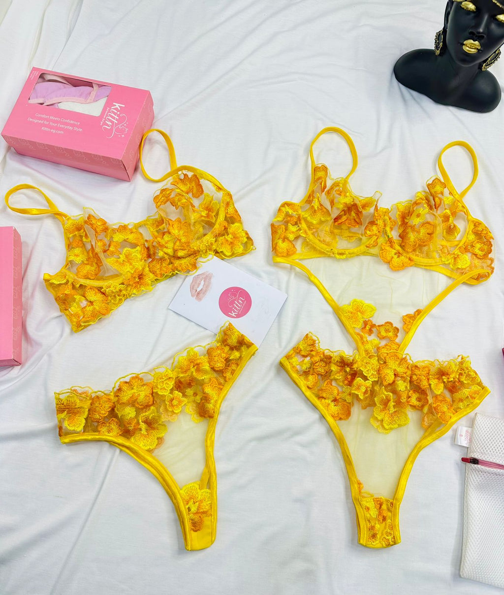 3-Piece Floral Lingerie Set Yellow